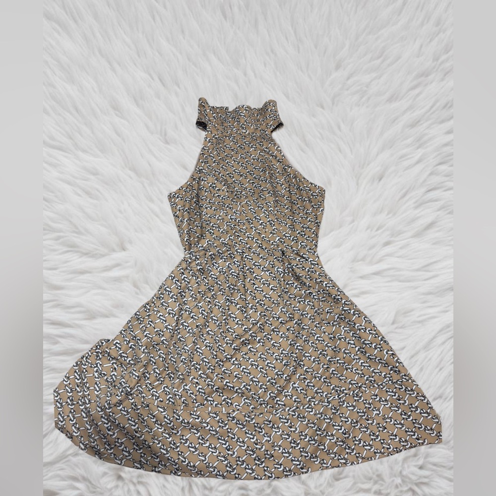 Jessica Simpson Tan, Gray and White Sleeveless Halter A-Line Dress With Pockets